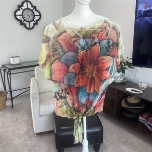 Floral Sheer Blouse Women Size M Hand Painted Style Artsy Travel Tie Front FLAW